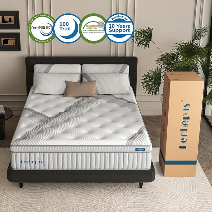 Lechpeus Full Mattress,14 Inch Medium Plush Hybrid Mattress in Box,MDI Soft Memory Foam & 7-Zone Pocket Springs,Motion Isolation& Back Pain Relief,Enhanced Support Full Bed,None Fiberglass