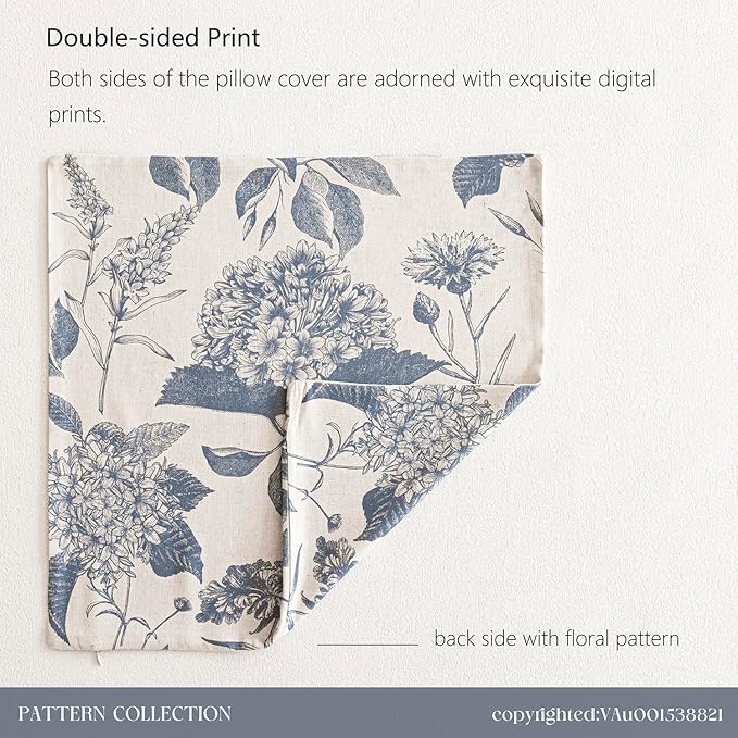 Foindtower Set of 2 Linen Floral Vintage Throw Pillow Covers Neutral Accent Print Decorative Cushion Covers Farmhouse Boho Home Decor for Sofa Chair Couch Bedroom Living Room Outdoor,18×18 Inch,Blue