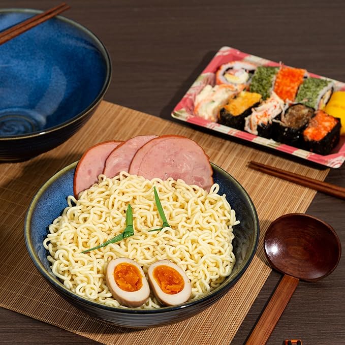 8 Inch Ceramic Ramen Bowl Set of 2, 40oz Japanese Bowls with Spoons & Chopsticks,Durable,Microwave & Dishwasher Safe,Perfect for Ramen,Pho,Salad,Soup,Noodles,Mixing bowls(Blue Topaz)