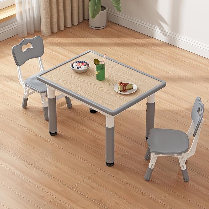 Toddler Table and 2 Chairs, Kids Table and Chair Set Height Adjustable, 31.5''L x 23.6''W Multifunctional Graffiti Desktop for Reading, Drawing, Eating, for Girls & Boys Age 2-10, Grey-02