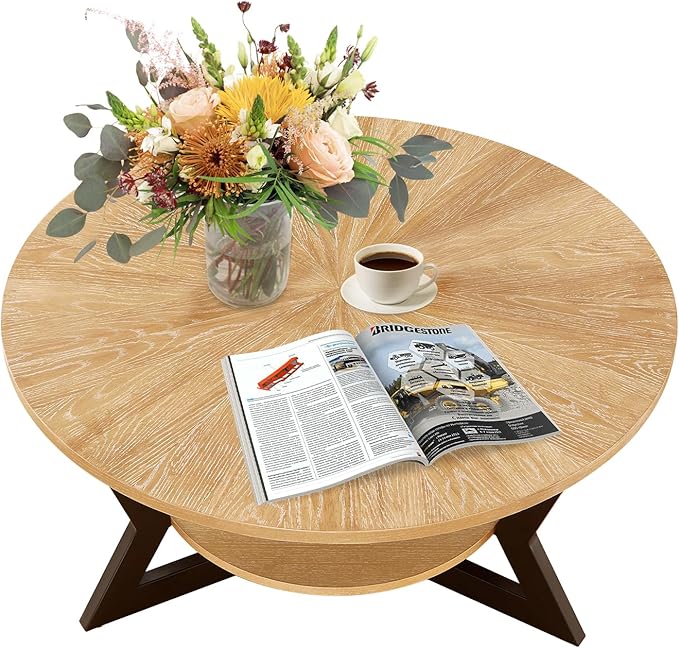 Round Wood Coffee Table for Living Room, 2-Tier Rustic Circle Coffee Table with Storage, 35โx 17โ Real Wood Desktop with Metal Frame, Radial Pattern