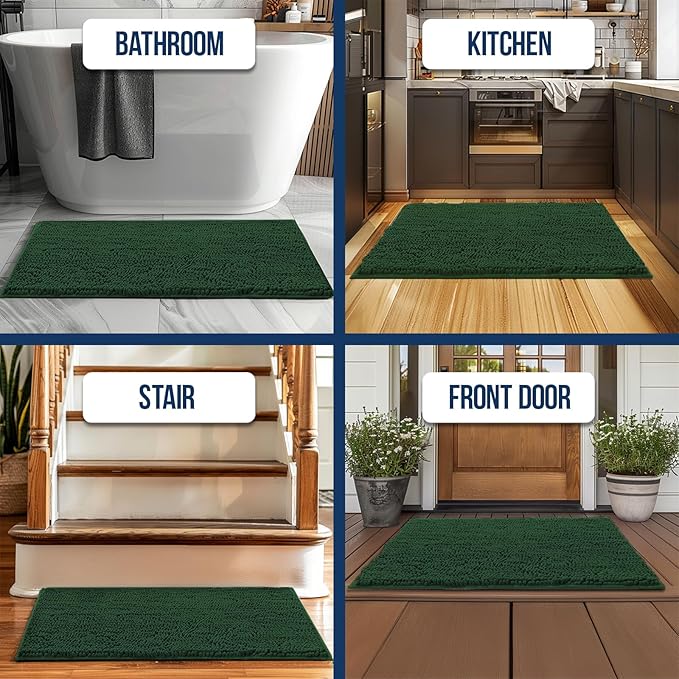 Muddy Mat Chenille Bathroom Rugs Quick Dry Microfiber Mats Non Slip Washable, Extra Thick, Soft and Highly Absorbent Bath Mats for Bathroom, Kitchen, and Shower Floor - Dark Green Large 35"X24"