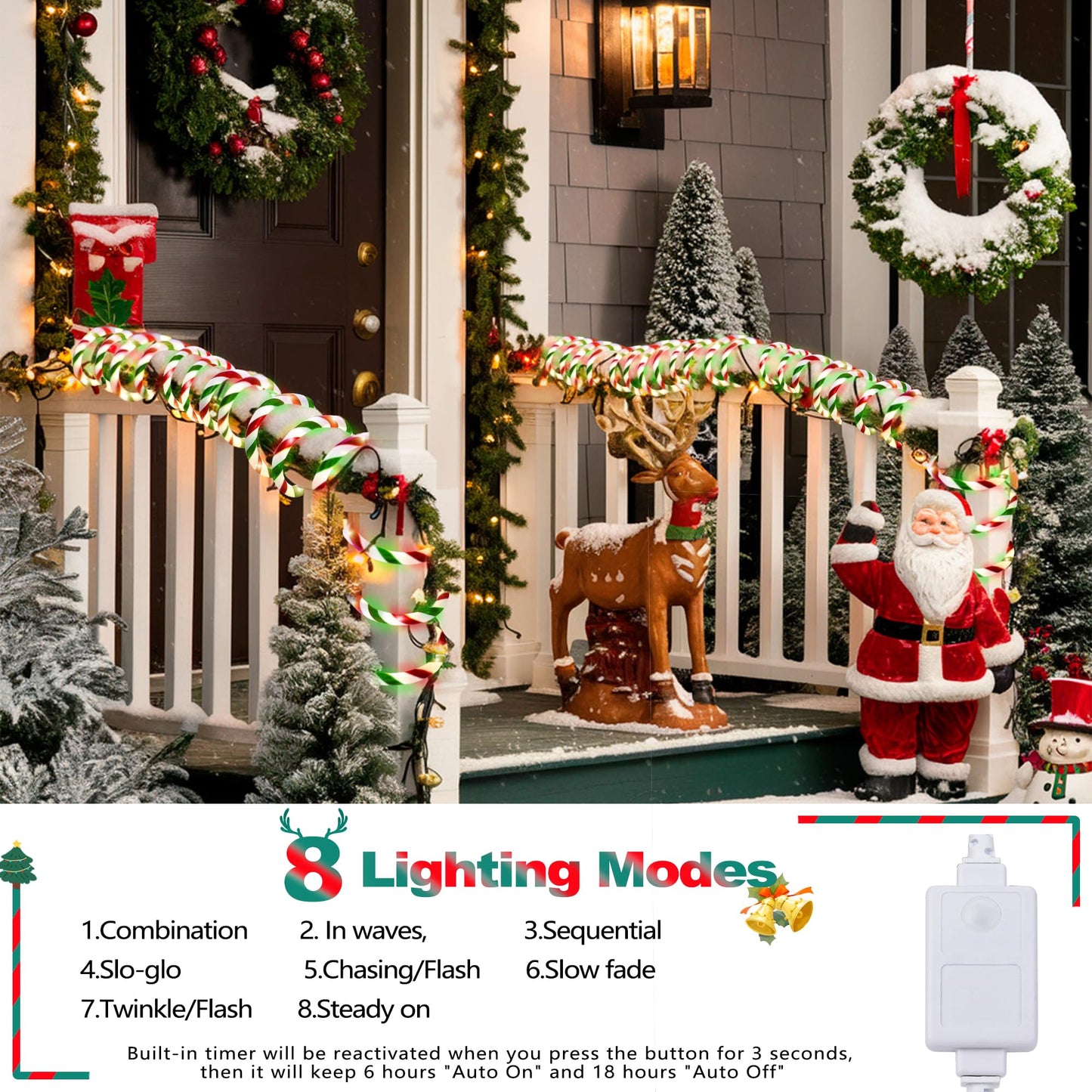 Toodour Christmas Candy Cane Lights, 50ft 360 LED Candy Cane Rope Lights Outdoor with 8 Modes, Connectable, Timer, Waterproof Red White Green Christmas Light for Garden Patio Bedroom Party Xmas Decor