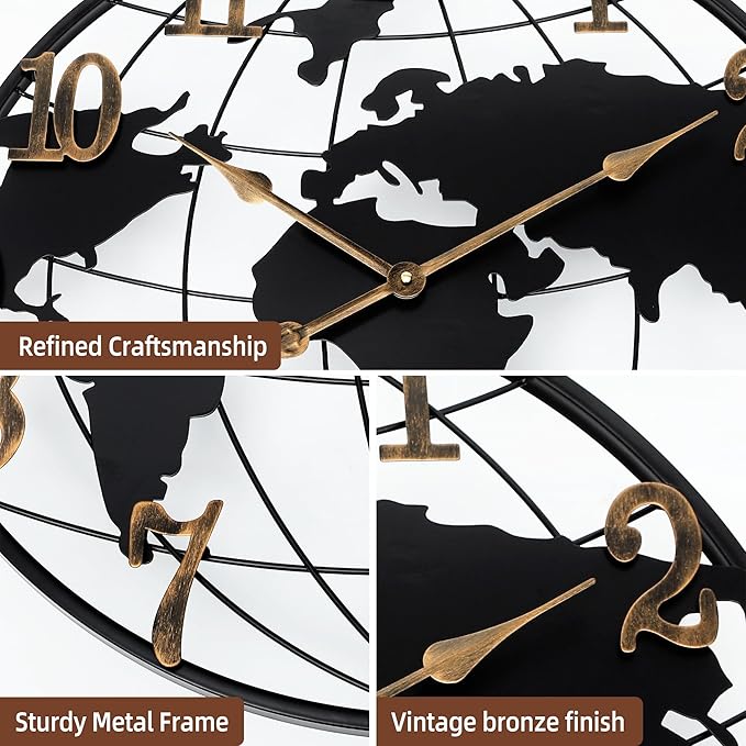 Large Wall Clock - 24 Inch World Map Minimalist Modern Round Metal Wall Clock Silent Non-Ticking Battery Operated Wall Clocks for Living Room Kitchen Office Farmhouse Home Decor