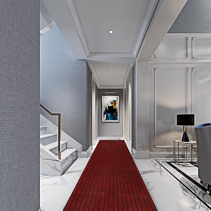 3' x 77' Runner Rugs with Rubber Backing, Indoor Outdoor Utility Carpet Runner Rugs, Stripe Red, Can Be Used as Aisle for The RV and Boat, Laundry Room and Balcony