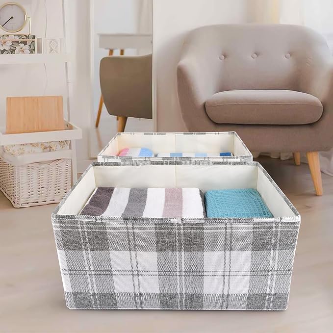 ANMINY 2PCS Storage Baskets Closet Storage Organizer Bins with Handles, Foldable Large Fabric Storage Bins for Shelves, Rectangular Baskets Laundry Clothes Blanket Cubes - Light Gray, Extra Large