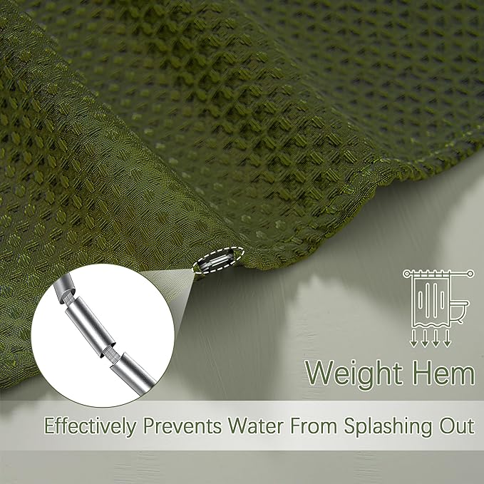 Dark Green Shower Curtain with Waffle Weave Fabric Shower Curtain Waffle Textured Heavy Duty, Hotel Quality Bathroom, 72 x 72 Inches