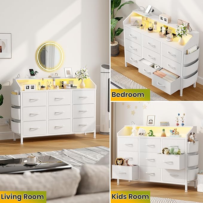 Lulive White Dresser TV Stand with LED Light and Power Outlets, 2-Tier Shelf Fabric Chests of Drawers for Bedroom, Entryway, Closet (White)