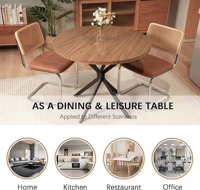DKLGG Round Dining Table, 39" Mid-Century Modern Round Kitchen Table for 4-5 People, w/1.18" Thickness Tabletop & Black Metal Legs Leisure Table for Kitchen Dining Restaurant Furniture
