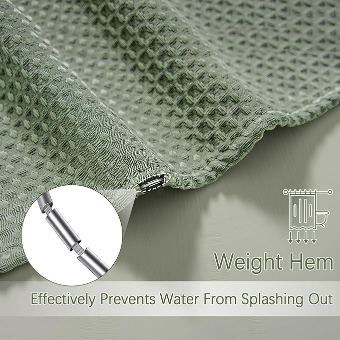 Waterproof Fabric Shower Curtain Extra Long Waffle Weave Heavy Duty Bathroom Shower Curtain Set, 256GSM Weighted Thick Shower Curtain with 12 Rust-Resistant Hooks,72Wx90H Sage Green