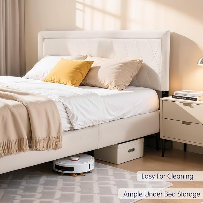 Hokway Bed Frame Upholstered Platform Bed with Headboard Wooden Slat Support No Box Spring Needed(Twin, Soft Beige)