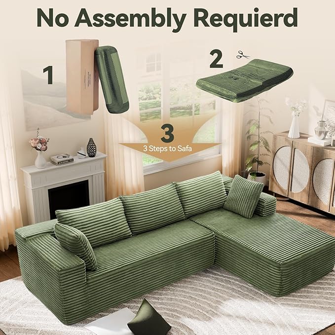 Modern Cloud Modular Sectional Sofa with Chaise, 106" L-Shaped Sofa Couch for Living Room, Deep Seat Plush Boneless Couches, Includes Pillows, Left Chaise, Green