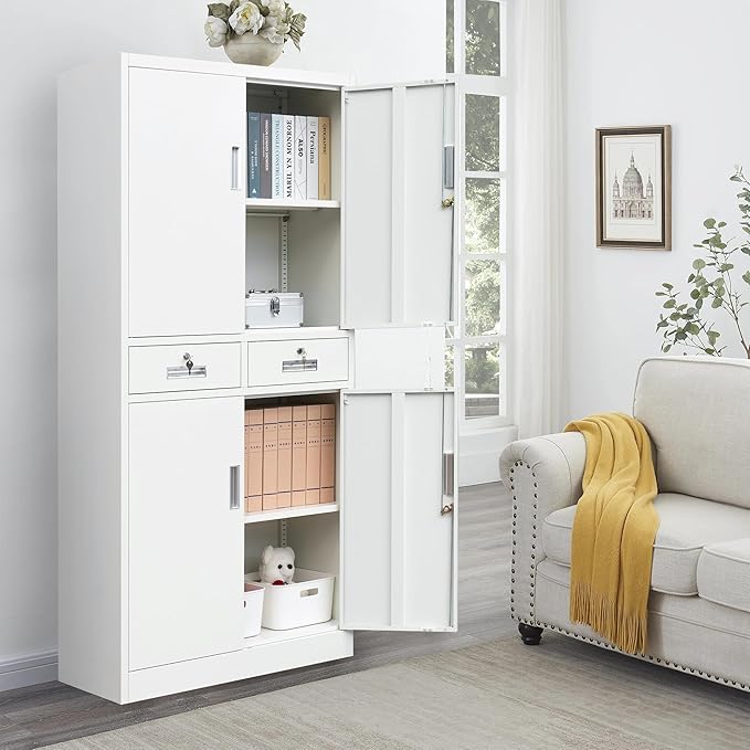 Metal Storage Cabinet, 71" H x 31.5" W x 15.8" D, Black, 4 Shelves, 2 Locking Drawers, Modern Style, Wall-Mounted, Home Office