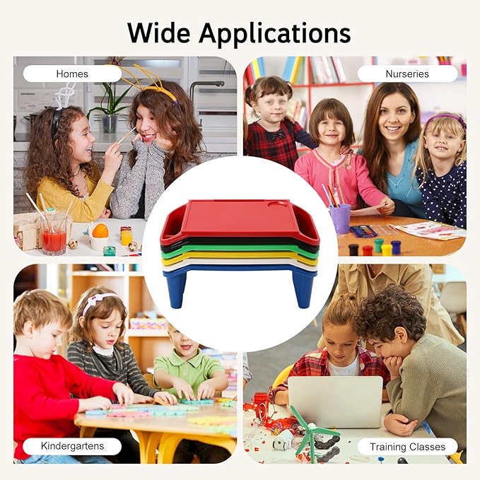 Kids Lap Desk Tray Set of 6, Portable Activity Table, Plastic Stackable Tray for Drawing, Writing, Eating, Classroom, 19.69" L x 9.84" W x 7.09" H, Red + Green + Blue + Yellow + Black + White