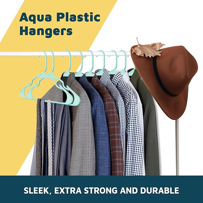 Plastic Clothes Hangers – Heavy Duty Hanger Set, for Organizing Clothes, Dresses, and Coat, Holds Up to 5 lbs, Space-Saving Hangers with Non-Slip Shoulder Grooves, Pack of 120, Aqua