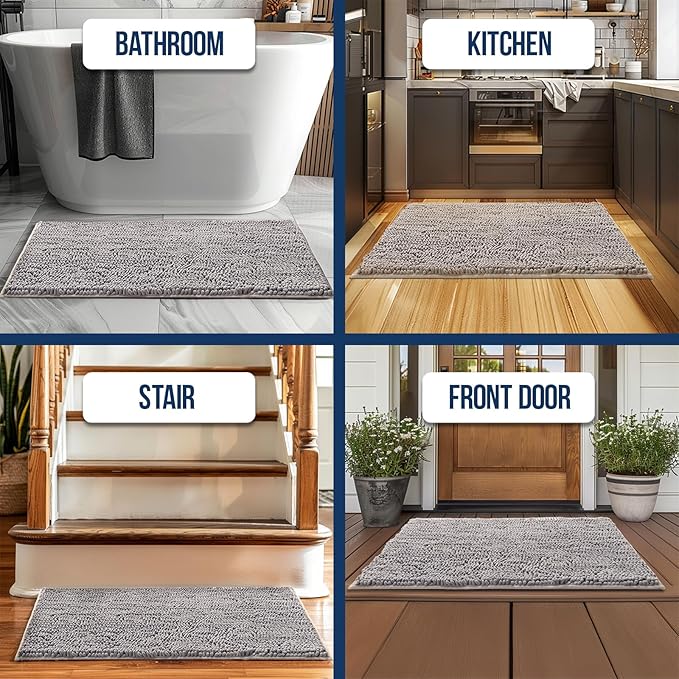 Muddy Mat Chenille Bathroom Rugs Quick Dry Microfiber Mats Non Slip Washable, Extra Thick, Soft and Highly Absorbent Bath Mats for Bathroom, Kitchen, and Shower Floor - Grey XL 59"X35"