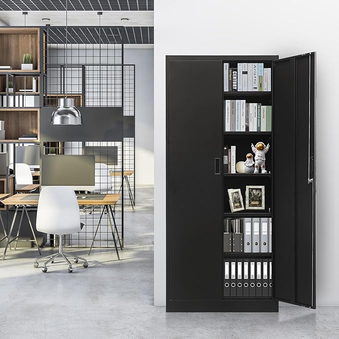 Metal Garage Storage Cabinets,71” Tall Metal File Cabinet with 5 Adjustable Shelves, Lockable Storage Cabinets for Office, Home, Garage, Warehouse 71" H x 31.5" W x 15.8" D (Black)