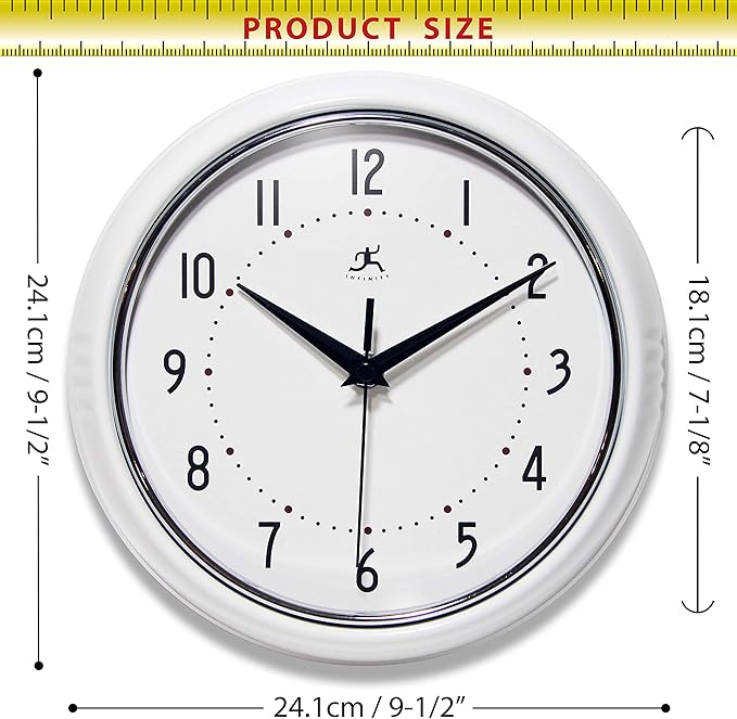Infinity Instruments LTD. Retro 9 inch Silent Sweep Non-Ticking Mid Century Modern Kitchen Diner Wall Clock Quartz Movement Retro Wall Clock Decorative (White)β¦