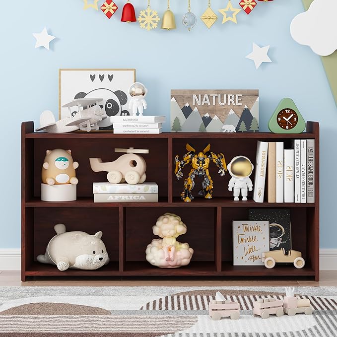 Book Shelf for Kids, 5 Cubes Storage Organizer Montessori Shelf, Wooden Kids Bookcase, Toy Storage Organizer for Children, Cherry Toddler Bookshelf Cube Shelf for Kid’s Room, Classroom