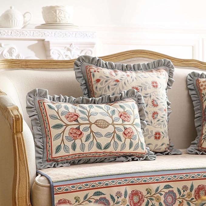 Orange Throw Pillow Covers Set of 4,Cottage Rustic with Blooming Floral Pattern Linen Pillowcases,Decorative Round Square Lumbar Pillows Cushion Covers for Couch Sofa Bed Chair Car