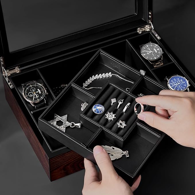 BEWISHOME Jewelry Box for Men, Mens Jewelry Box with Glass Top, Wooden Watch Box Organizer with Smooth Faux Leather Interior, Jewelry Display Case for Earrings Rings Bracelets Watches, Brown SSH07Y