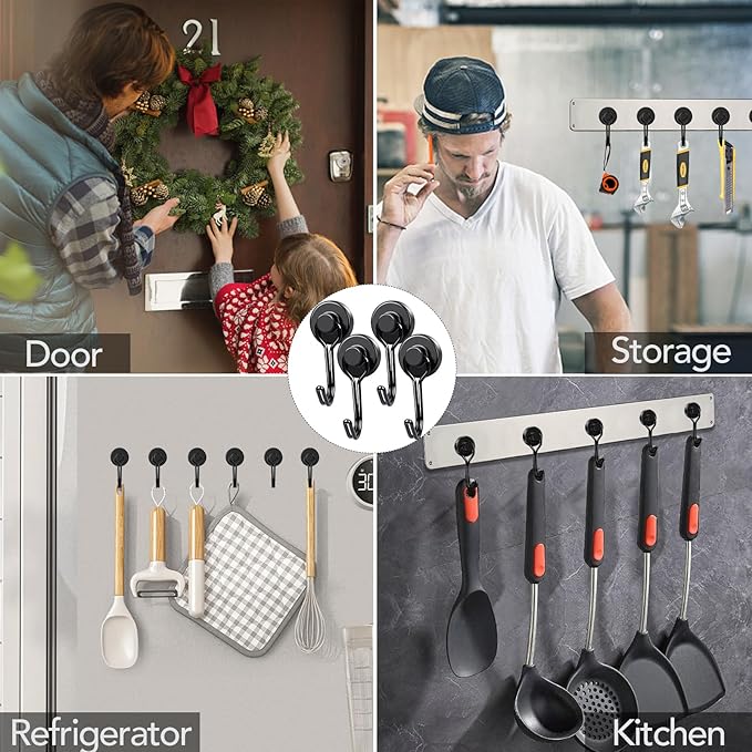 MIKEDE Magnetic Hooks 4 Pack, 40Lbs Heavy Duty Neodymium Magnet Hooks Black Magnetic Swivel Hooks for Hanging, Rust Proof Strong Magnets with Hook Magnetic Metal Hanger for Storage