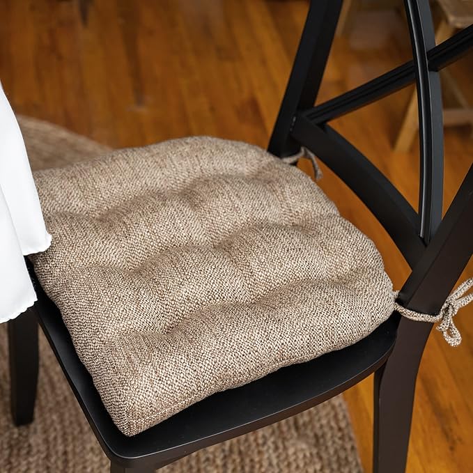 Barnett Home Decor Brisbane Camel Tweed Dining Chair Cushions with Ties - 15 x 17 Size Small Chair Pad - Latex Foam Fill, Reversible - Made in USA (Neutral - Tan/Small)