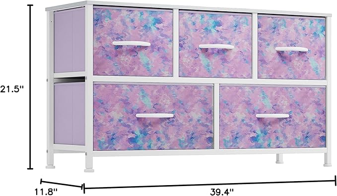 DWVO Dresser with 5 Drawers - Fabric Storage Tower, Organizer Unit for Bedroom, Living Room, Closets - Sturdy Steel Frame, Wooden Top (Purple)