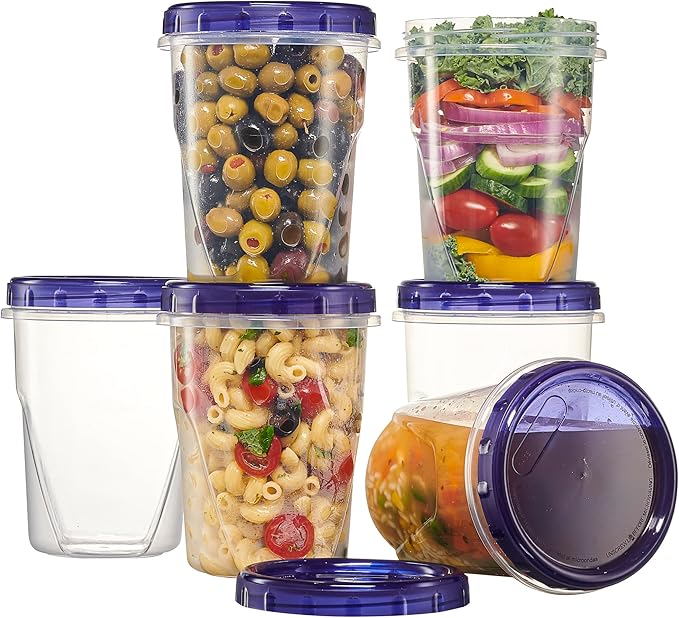 PLASTICPRO 12 Pack Twist Cap Food Storage Containers with Blue Screw on Lid- 32 oz Reusable Meal Prep Containers - Freezer and Microwave Safe Blue Plastic Food Storage