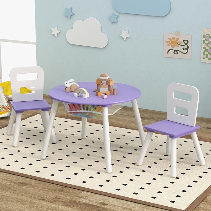 Costzon Kids Table and Chair Set, Wood Activity Table w/Center Mesh Storage, Children Furniture Gift for Boys & Girls, Ideal for Arts, Crafts, Snack Time, Homework, Toddler Table and Chair Set, Purple