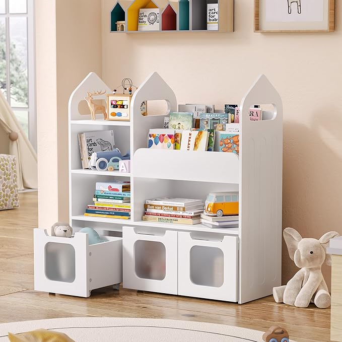 Toy Storage Organizer with 3 Movable Drawers and 3 Storage Cubby, 33.5" H Kids Bookshelf and Toy Storage,Book Shelf for Kids Room, Nursery, Playroom, Bedroom, White