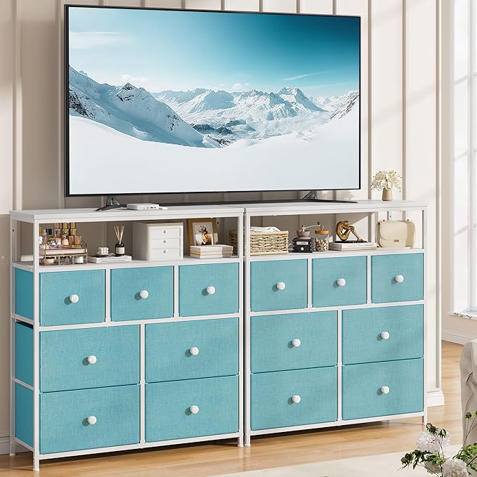 EnHomee Dresser for Bedroom with 7 Drawers and 2 Shelves,Tv Stand for Bedroom,Green Small Dresser for Closet,Hallway,Entryway,Dormitory,Clothing Storage