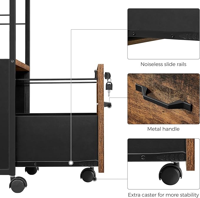 VASAGLE 1 Drawer File Cabinet with Lock, Printer Stand, Office Filing Cabinet Organizer, for A4 and Letter Size Documents, Rustic Brown and Black UOFC044B01