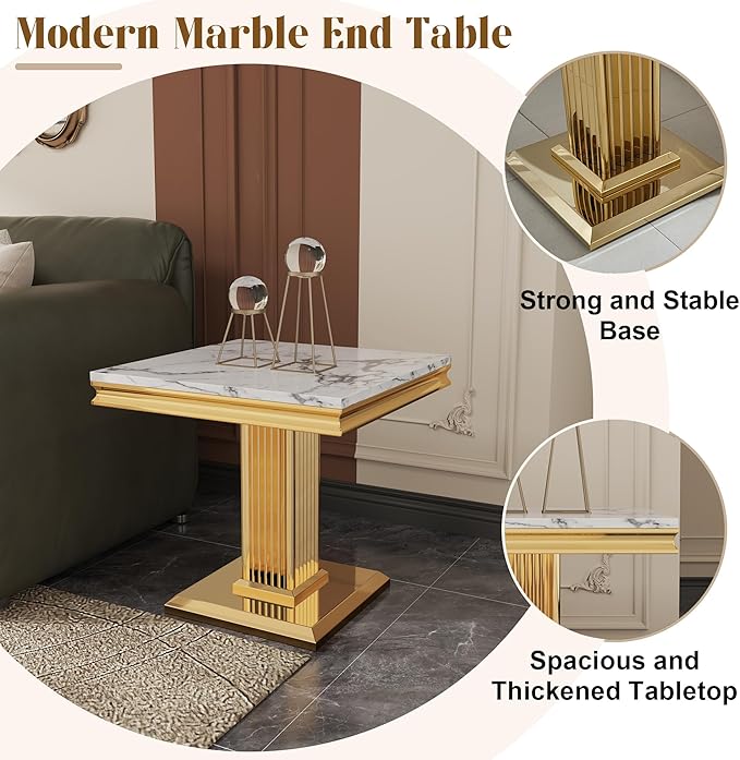 Luxury Living Room Coffee Table Set of 3, Marble Coffee Table and 2 End Side Tables, 3 Piece Living Room Table Set with Stainless Steel Base for Living Room, White Gold