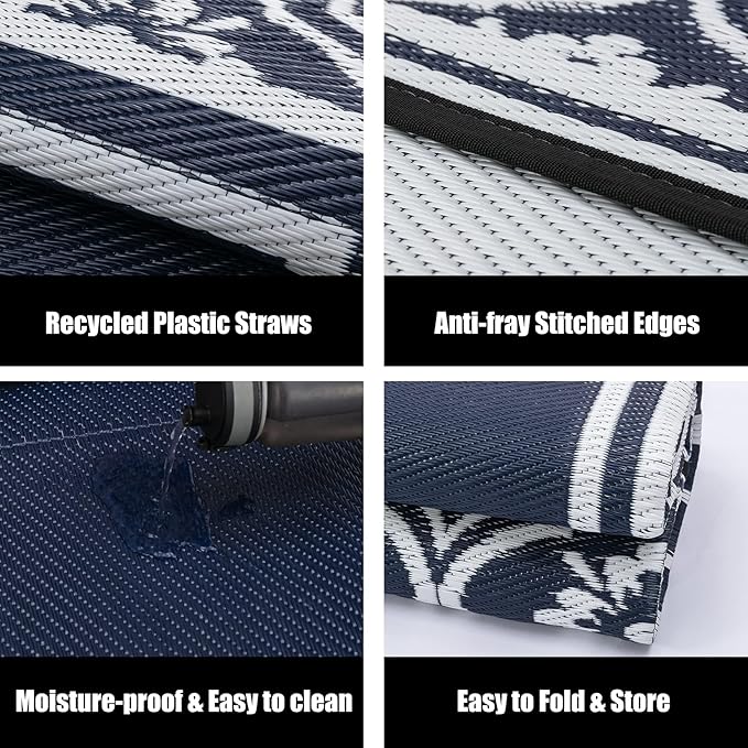 Plastic Outdoor Rug 6'x9' Waterproof Camping Carpet Outside Reversible Area Rug Blue Rugs for RV Deck Entryance Porch Picnic Balcony Beach
