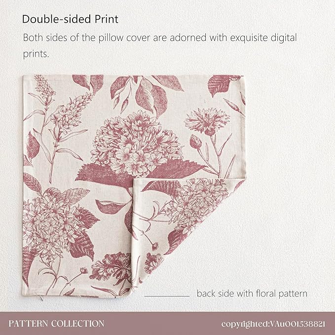 Foindtower Set of 2 Linen Floral Vintage Throw Pillow Covers Neutral Accent Print Decorative Cushion Covers Farmhouse Home Decor for Sofa Chair Couch Bedroom Living Room Outdoor,22×22 Inch,Dark Pink