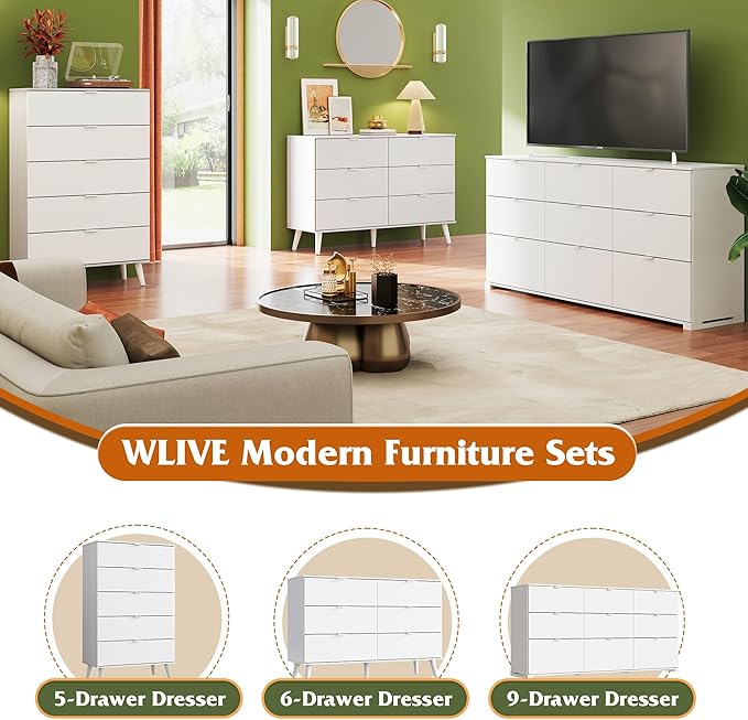 WLIVE 6 Drawer Dresser for Bedroom, 47.24'' Wide Wood White Dresser, Storage Organizer with Sturdy Metal Handle, TV Stand for 55 inch TV, Chest of Drawers for Living Room, Hallway, Closet