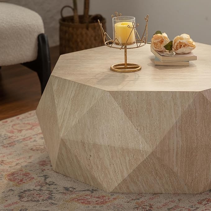 WILLIAMSPACE 37.4" Drum Coffee Table with Mars Pattern for Living Room, Modern Farmhouse Wood Center Table with Faceted Diamond, Mid Century End Side Table for Apartment, 37.4" x 35.83" x 16.14"H