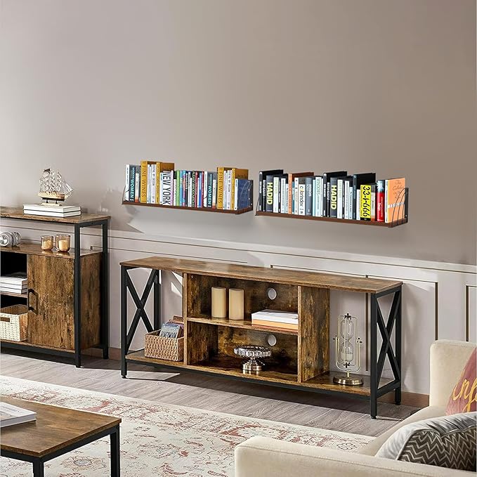 Long 36 inch Rustic Brown Floating Book Shelves for Wall - Curved Fan-Shaped Design with Built-in Anti-Slip Book Stops|0.71" Thick MDF Heavy Duty Floating Bookshelves|Wall Bookshelf for Books Set of 2