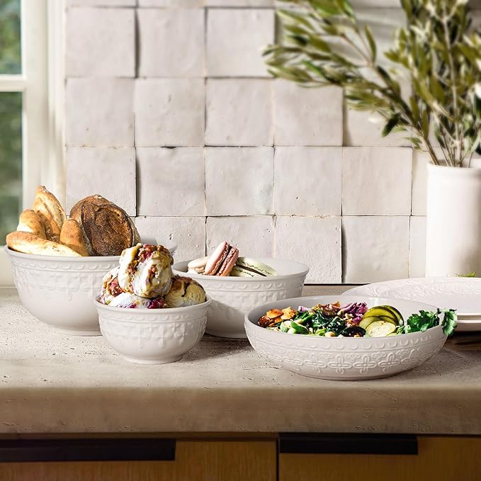 Large Salad Bowls Set of 4, 60oz White Serving Bowls Deep Deep Embossed Ceramic Mixing Bowl for Soup Kitchen, Eating, Ramen, Pasta, Dishwasher & Microwave Safe 8 inch (Auspicious Clouds)