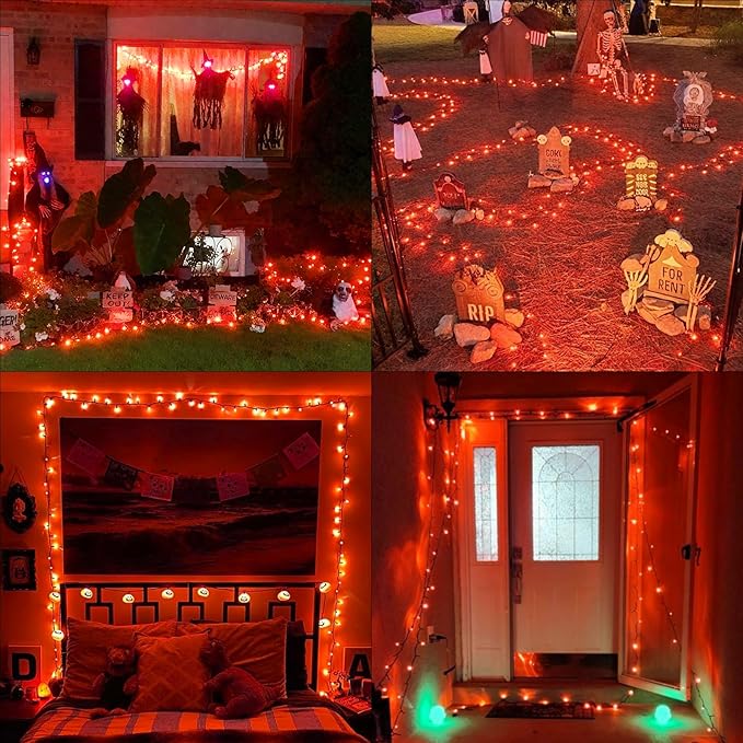 QITONG 165ft 500 LED Orange Lights for Halloween, Halloween Lights Outdoor Waterproof with 8 Modes, Green Wire Christmas String Light Plug in Indoor