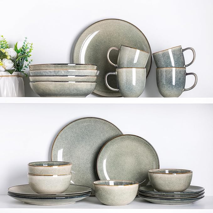 AmorArc Ceramic Dinnerware Sets for 6, 18 Pieces Handpainted Plates and Bowls Set, Scratch Resistant Stoneware Dishes Set, Dishwasher & Microwave Safe, Reactive Glaze