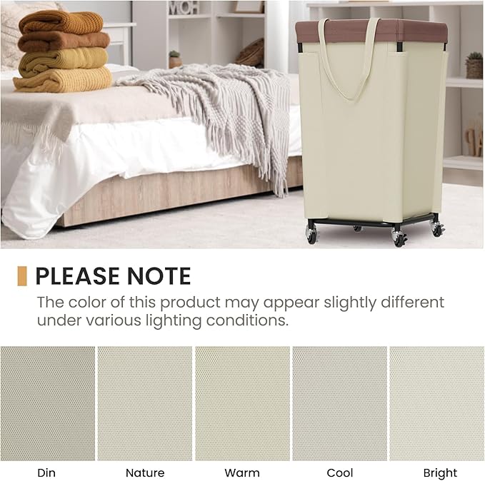 Laundry Basket with Wheels, Laundry Hamper with Removable Bag and Steel Frame, 160L Rolling Dirty Clothes Basket for Bedroom, Bathroom, Laundry Room (White-Brown)
