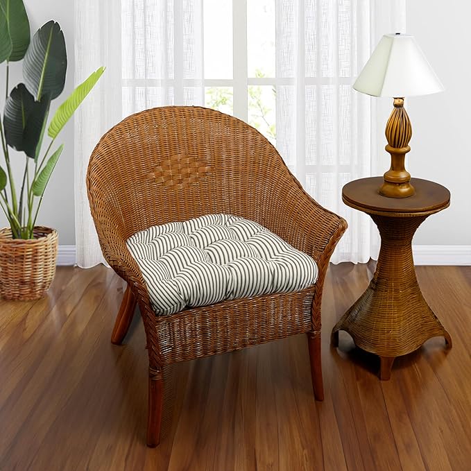 Barnett Home Decor Ticking Stripe Black Dining Chair Pad with Ties - 19" x 19" Size Large Chair Cushion - Latex Foam Fill - Machine Washable, Reversible, 100% Cotton, Made in USA