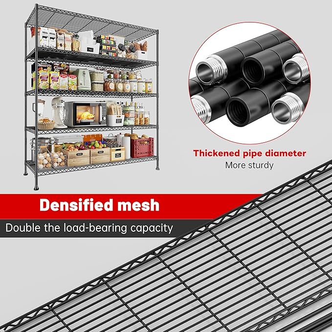 REIBII 45.5''W Storage Shelves 5 Tier Wire Shelving Metal Shelves for Storage 1000LBS Adjustable Heavy Duty Metal Shelving Unit Storage for Pantry Kitchen Garage 45.5" W x 71" H x 17.5" D 4PCS