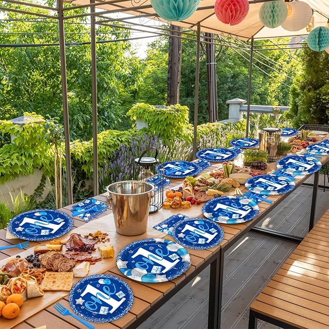 96 Pcs Boy 1st Birthday Party Plates Napkins Tableware Set Blue One Year Old Supplies Disposable Dinnerware Baby Boy 1st Birthday Party Decoration Favors for Baby First Birthday Supplies, 24 Guests
