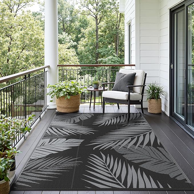 Outdoor Rug 6’x9’ Waterproof for Patio Clearance, Reversible Indoor Outdoor Plastic Straw Camping Rug Carpet, RV Mat, Large Area Rug for Deck, Backyard, Balcony, Porch, Beach, Black & Grey