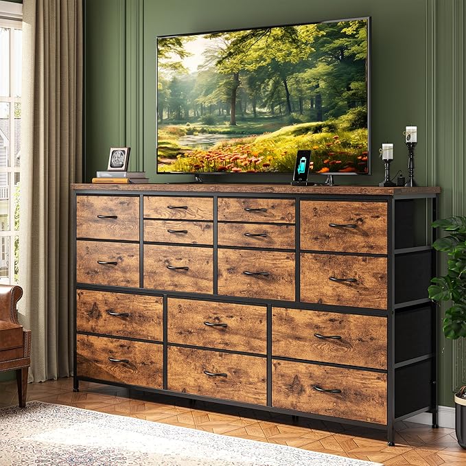 Dresser for Bedroom with 16 Fabric Drawers Long Dresser with Charging Station TV Stand for 60" TV Dressers & Chest of Drawers for Bedroom, Living Room, Closet, Rustic Brown