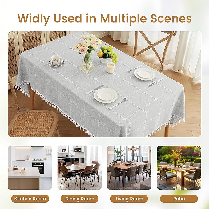 puredown® Plaid Rectangle Tablecloth, Waterproof Cotton Linen Tablecloth with Tassel, Rustic Farmhouse Table Cloths for Kitchen Dining Outdoor, 55"x70",4-6 Seats, Gray