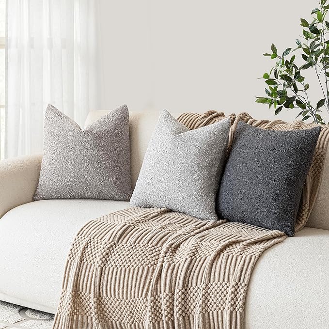 Foindtower Set of 2, Decorative Textured Boucle Throw Pillow Covers Accent Solid Pillow Cases Soft Cozy Couch Cushion Case for Chair Sofa Bedroom Living Room Home Decor 16 x 16 Inch Neutral Grey